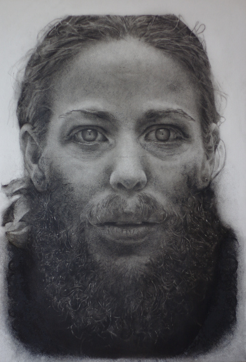 Portrait of my Sister as a Dangerous Lunatic - large format tight head portrait of young woman with large hyper real beard - charcoal and compressed charcoal on paper - links to drawings